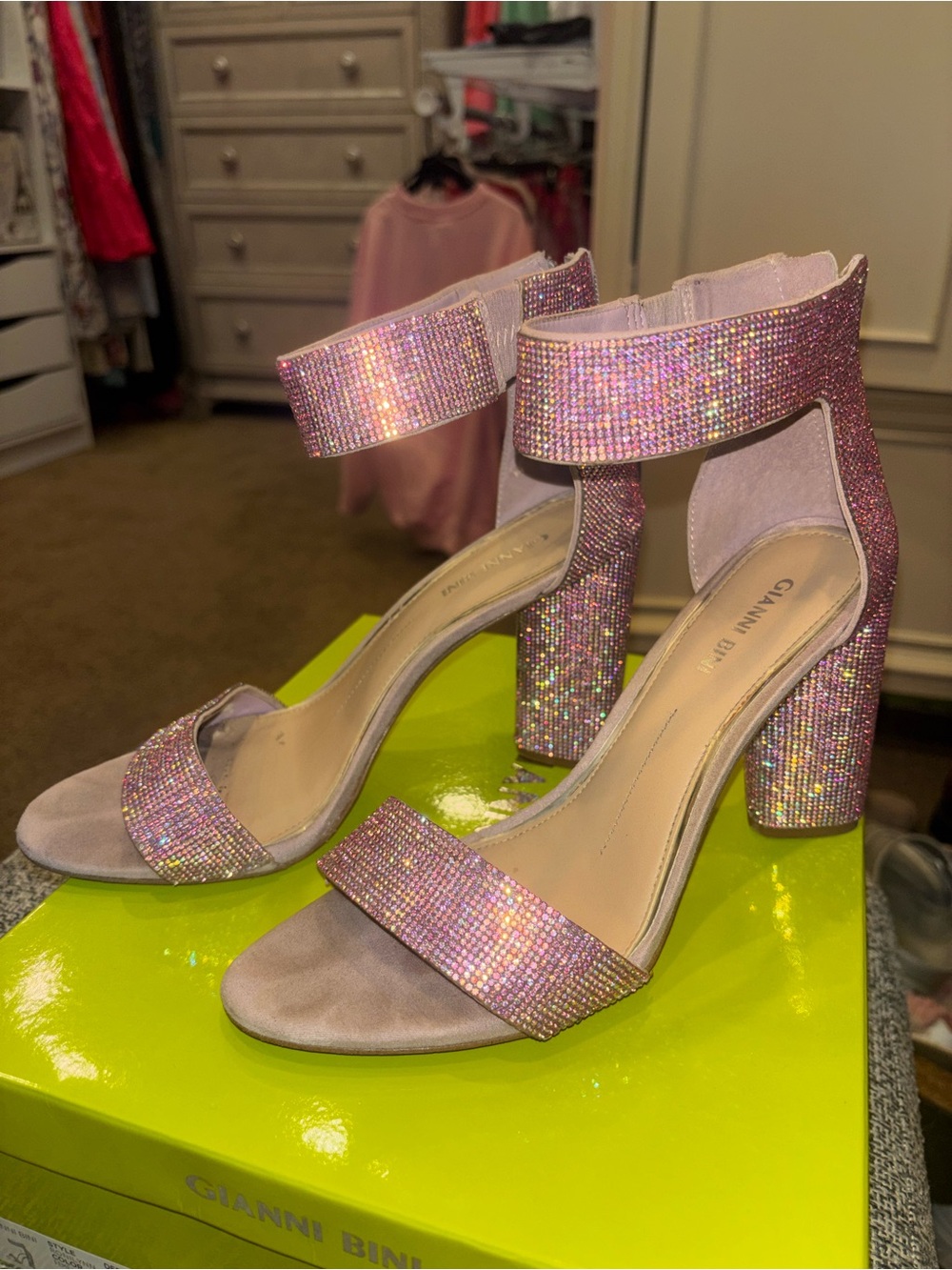 Gianni Bini Iridescent Pink Rhinestone Block Heel Sandals